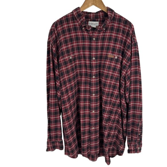Carhartt Mens Red & Black Plaid Button Down Long Sleeve Flannel Shirt 2XL - Picture 1 of 10